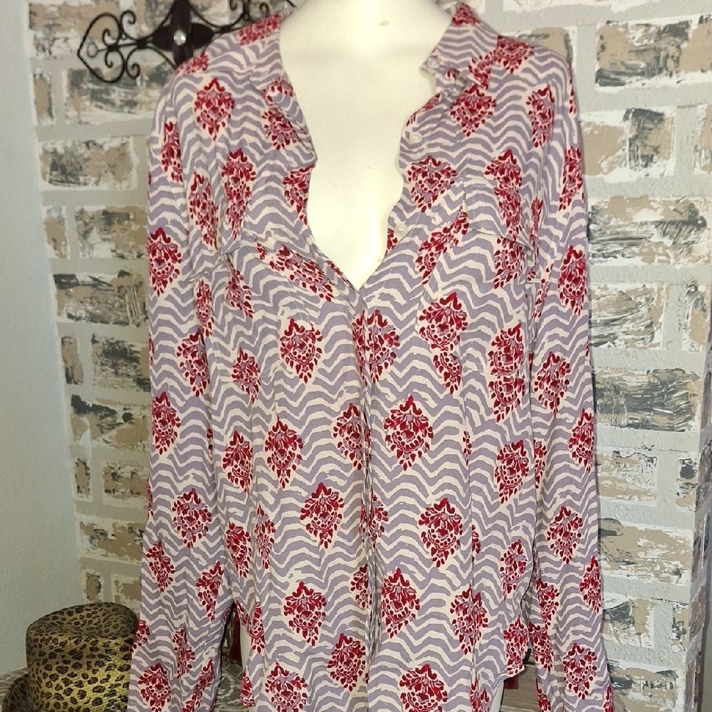 Anthropologie PORRIDGE Red Graphic Long Sleeve Button Down Shirt - Picture 3 of 10